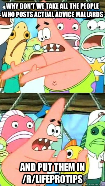 Why don't we take all the people who posts actual advice mallards And put them in /r/lifeprotips  Push it somewhere else Patrick