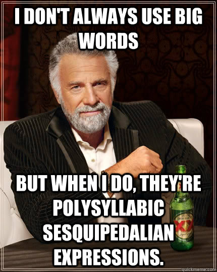 I don't always use big words but when I do, they're polysyllabic sesquipedalian expressions. - I don't always use big words but when I do, they're polysyllabic sesquipedalian expressions.  The Most Interesting Man In The World