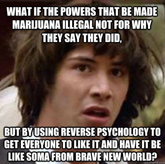What if the powers that be made marijuana illegal not for why they say they did, But by using reverse psychology to get everyone to like it and have it be like Soma from Brave New World?  conspiracy keanu