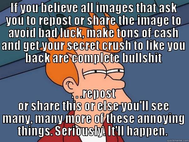 IF YOU BELIEVE ALL IMAGES THAT ASK YOU TO REPOST OR SHARE THE IMAGE TO AVOID BAD LUCK, MAKE TONS OF CASH AND GET YOUR SECRET CRUSH TO LIKE YOU BACK ARE COMPLETE BULLSHIT . . .REPOST OR SHARE THIS OR ELSE YOU'LL SEE MANY, MANY MORE OF THESE ANNOYING THINGS. SERIOUSLY. IT'LL HAPPEN.  Futurama Fry