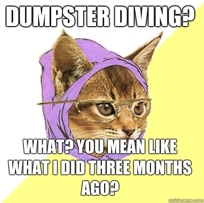 Dumpster diving? What? You mean like what I did three months ago?  Hipster Kitty