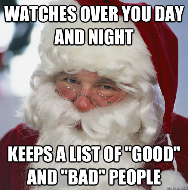 Watches over you day and night Keeps a list of 