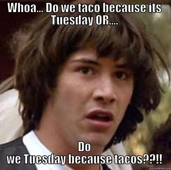 WHOA... DO WE TACO BECAUSE ITS TUESDAY OR.... DO WE TUESDAY BECAUSE TACOS??!! conspiracy keanu