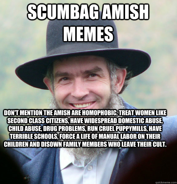 Scumbag Amish Memes Don't mention the Amish are homophobic, treat women like second class citizens, have widespread domestic abuse, child abuse, drug problems, run cruel puppymills, have terrible schools, force a life of manual labor on their children and - Scumbag Amish Memes Don't mention the Amish are homophobic, treat women like second class citizens, have widespread domestic abuse, child abuse, drug problems, run cruel puppymills, have terrible schools, force a life of manual labor on their children and  Good Guy Amish