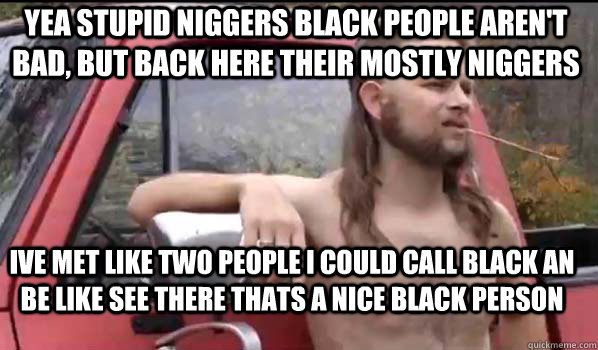 Yea stupid niggers black people aren't bad, but back here their mostly niggers  ive met like two people I could call black an be like see there thats a nice black person  Almost Politically Correct Redneck