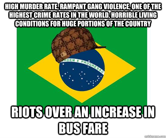 High murder rate, rampant gang violence, one of the highest crime rates in the world, horrible living conditions for huge portions of the country Riots over an increase in bus fare  