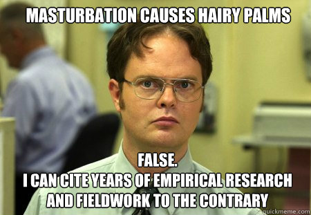 Masturbation causes hairy palms FALSE.  
I can cite years of empirical research and fieldwork to the contrary  Schrute