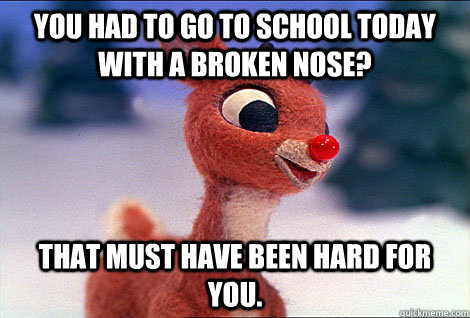You had to go to school today with a broken nose? That must have been hard for you.  Condescending Rudolph