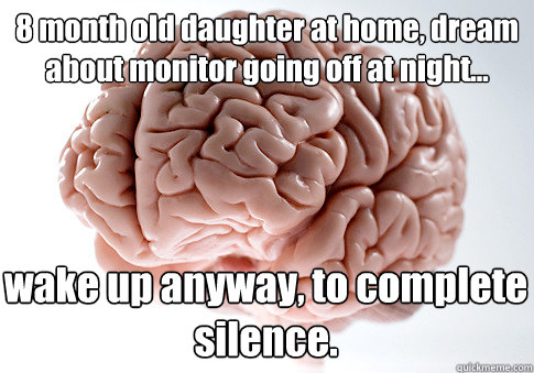 8 month old daughter at home, dream about monitor going off at night... wake up anyway, to complete silence.   Scumbag Brain