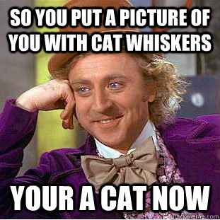 So you put a picture of you with cat whiskers  your a cat now   Condescending Wonka