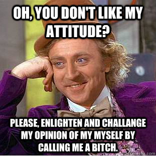 Oh, you don't like my attitude? Please, enlighten and challange my opinion of my myself by calling me a bitch.  - Oh, you don't like my attitude? Please, enlighten and challange my opinion of my myself by calling me a bitch.   Condescending Wonka