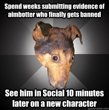 Spend weeks submitting evidence of aimbotter who finally gets banned See him in Social 10 minutes later on a new character  Depression Dog