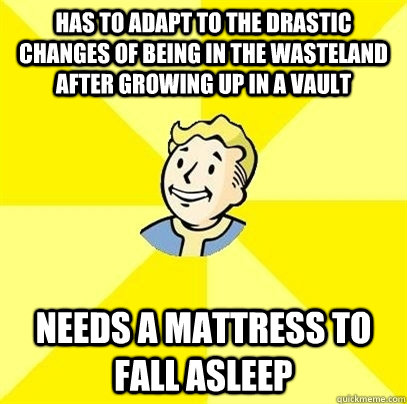 Has to adapt to the drastic changes of being in the wasteland after growing up in a vault needs a mattress to fall asleep  Fallout 3