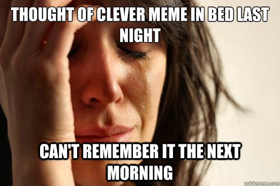 thought of clever meme in bed last night can't remember it the next morning  First World Problems