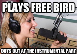 Plays Free Bird Cuts out at the instrumental part  scumbag radio dj