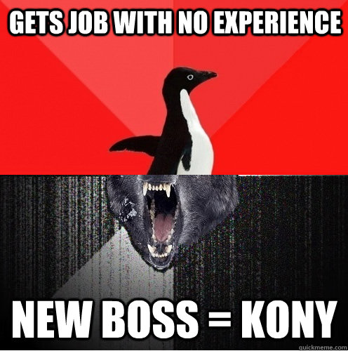 Gets job with no experience new boss = Kony  Socially Awesome Insanity Wolf