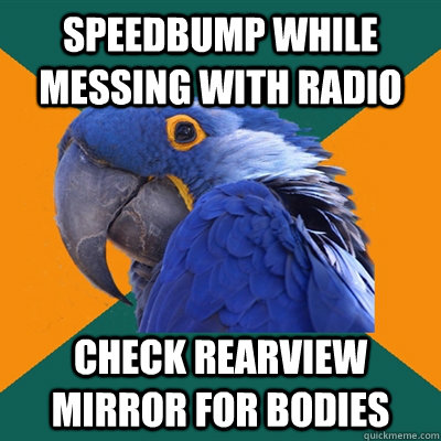 speedbump while messing with radio check rearview mirror for bodies  Paranoid Parrot