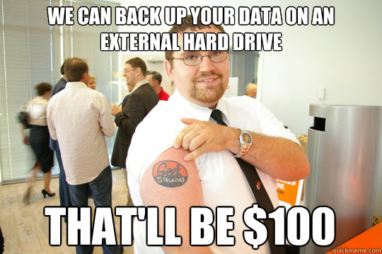 We can back up your data on an external hard drive That'll be $100  GeekSquad Gus