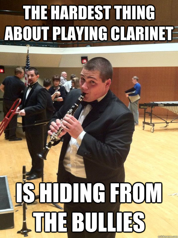 The hardest thing about playing clarinet is hiding from the bullies - The hardest thing about playing clarinet is hiding from the bullies  Clarinet Problems