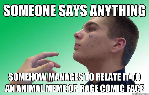 Someone says anything Somehow manages to relate it to an animal meme or rage comic face  Idiot Meme Obsessed Kid