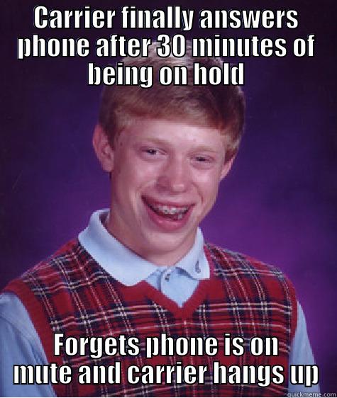 CARRIER FINALLY ANSWERS PHONE AFTER 30 MINUTES OF BEING ON HOLD FORGETS PHONE IS ON MUTE AND CARRIER HANGS UP Bad Luck Brian