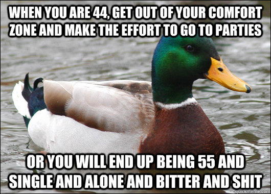 When you are 44, get out of your comfort zone and make the effort to go to parties Or you will end up being 55 and single and alone and bitter and shit  Actual Advice Mallard