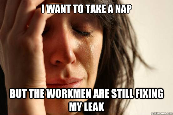 I want to take a nap but the workmen are still fixing my leak  First World Problems