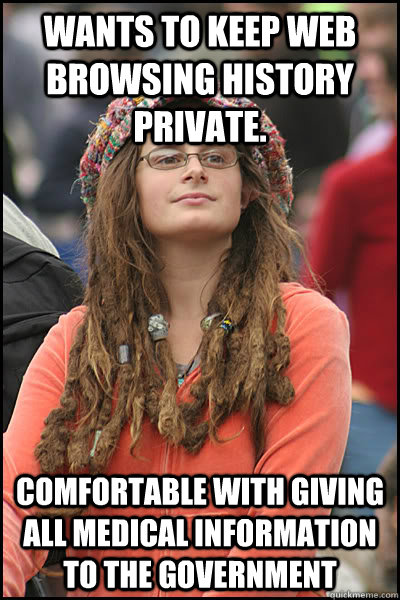 Wants to keep web browsing history private. Comfortable with giving all medical information to the government  College Liberal