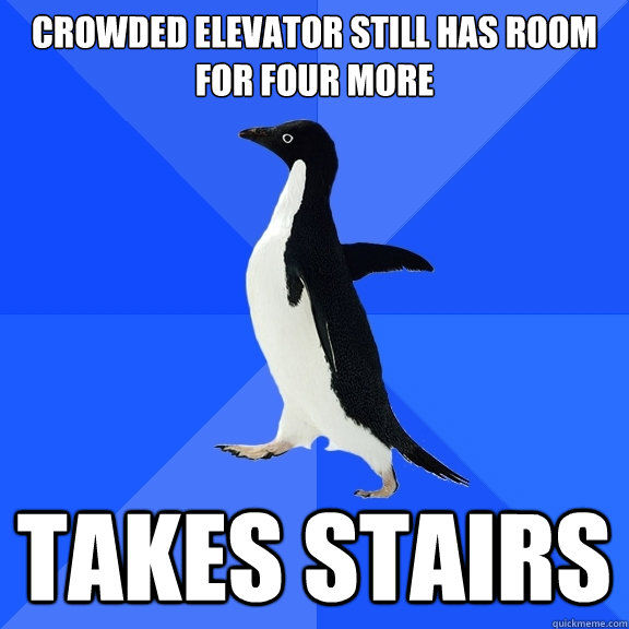 Crowded elevator still has room for four more Takes stairs  Socially Awkward Penguin