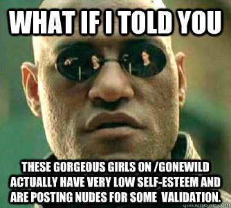 What if I told you these gorgeous girls on /gonewild actually have very low self-esteem and are posting nudes for some  validation.   What if I told you