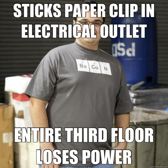 STICKS PAPER CLIP IN ELECTRICAL OUTLET ENTIRE THIRD FLOOR LOSES POWER - STICKS PAPER CLIP IN ELECTRICAL OUTLET ENTIRE THIRD FLOOR LOSES POWER  Misc