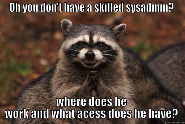 OH YOU DON'T HAVE A SKILLED SYSADMIN? WHERE DOES HE WORK AND WHAT ACESS DOES HE HAVE? Evil Plotting Raccoon