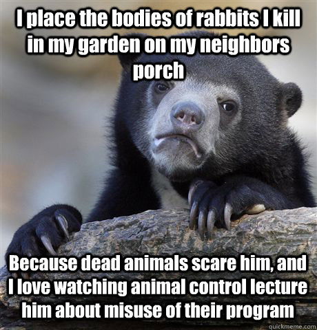 I place the bodies of rabbits I kill in my garden on my neighbors porch Because dead animals scare him, and I love watching animal control lecture him about misuse of their program - I place the bodies of rabbits I kill in my garden on my neighbors porch Because dead animals scare him, and I love watching animal control lecture him about misuse of their program  Confession Bear