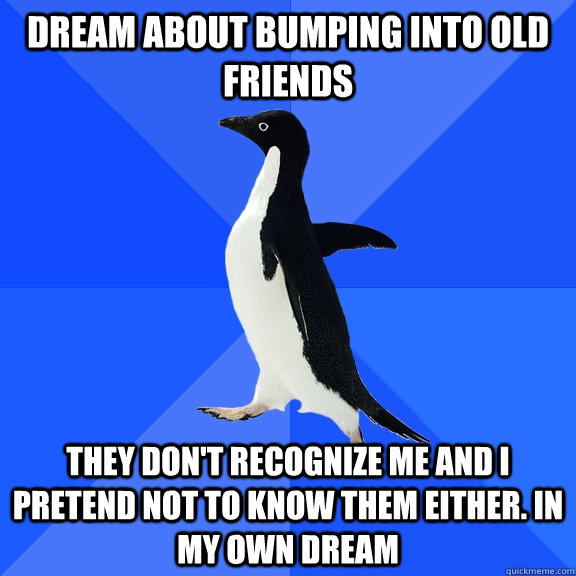 Dream about bumping into old friends they don't recognize me and i pretend not to know them either. in my own dream  Socially Awkward Penguin