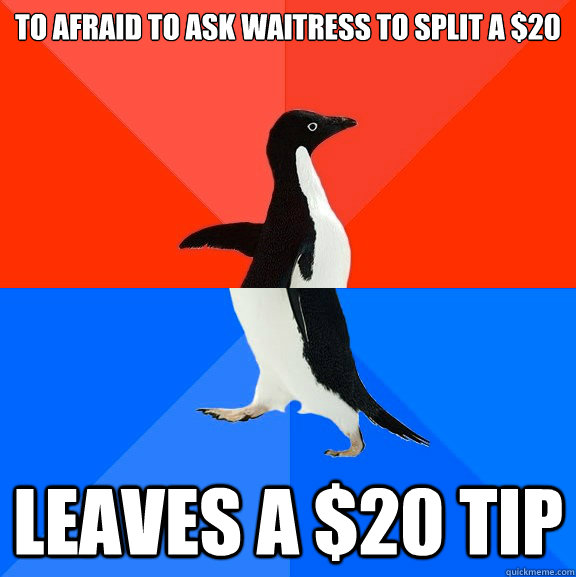 to afraid to ask waitress to split a $20 Leaves a $20 Tip  Socially Awesome Awkward Penguin