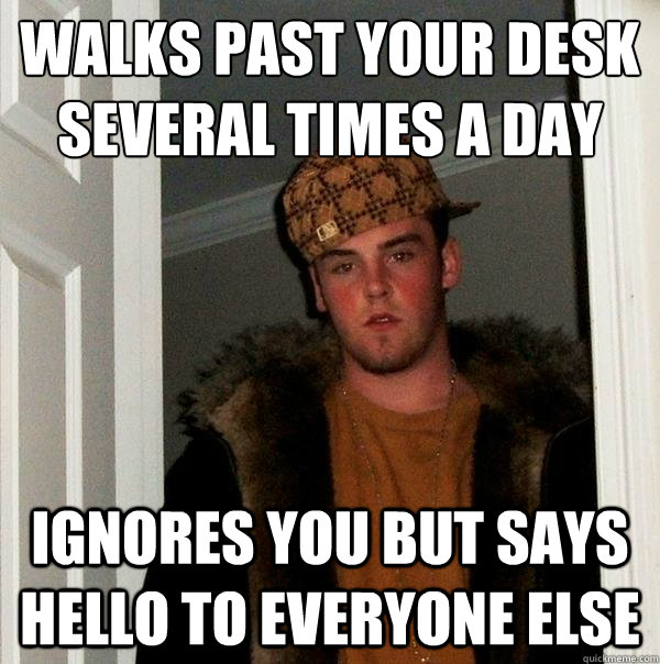 walks past your desk several times a day ignores you but says hello to everyone else - walks past your desk several times a day ignores you but says hello to everyone else  Scumbag Steve