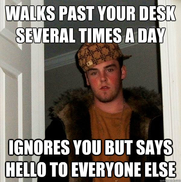 walks past your desk several times a day ignores you but says hello to everyone else  Scumbag Steve