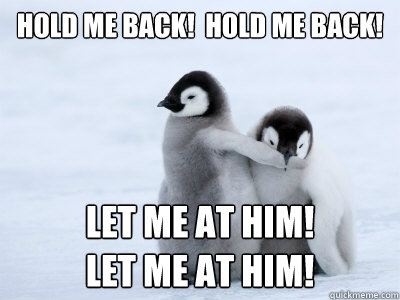 Hold me back!  Hold me back! Let me at him!
Let me at him!  Protective Penguin