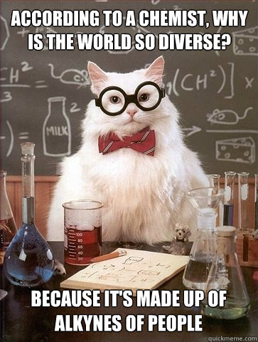 According to a chemist, why is the world so diverse?  Because it's made up of alkynes of people  Chemistry Cat
