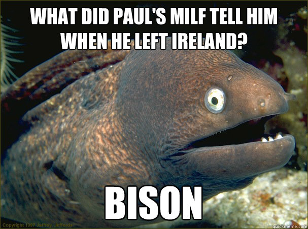 What did Paul's milf tell him when he left Ireland? bison  Bad Joke Eel