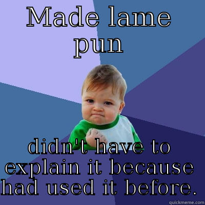 Pun fail, predictability win - MADE LAME PUN DIDN'T HAVE TO EXPLAIN IT BECAUSE HAD USED IT BEFORE. Success Kid