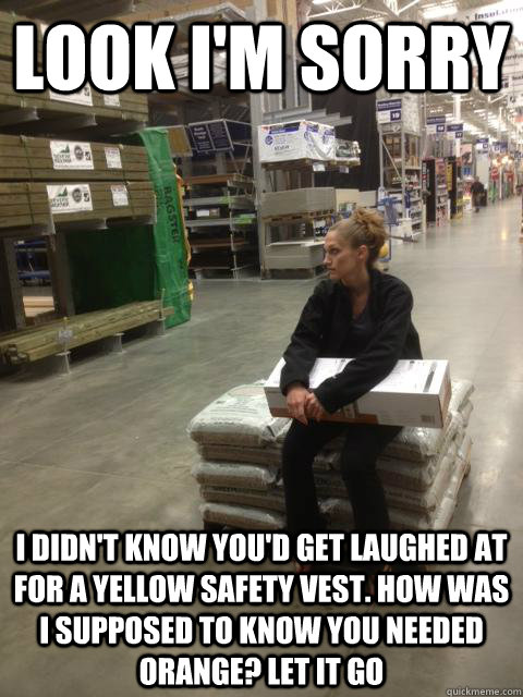 look I'm sorry i didn't know you'd get laughed at for a yellow safety vest. how was I supposed to know you needed orange? let it go - look I'm sorry i didn't know you'd get laughed at for a yellow safety vest. how was I supposed to know you needed orange? let it go  Lowes girl