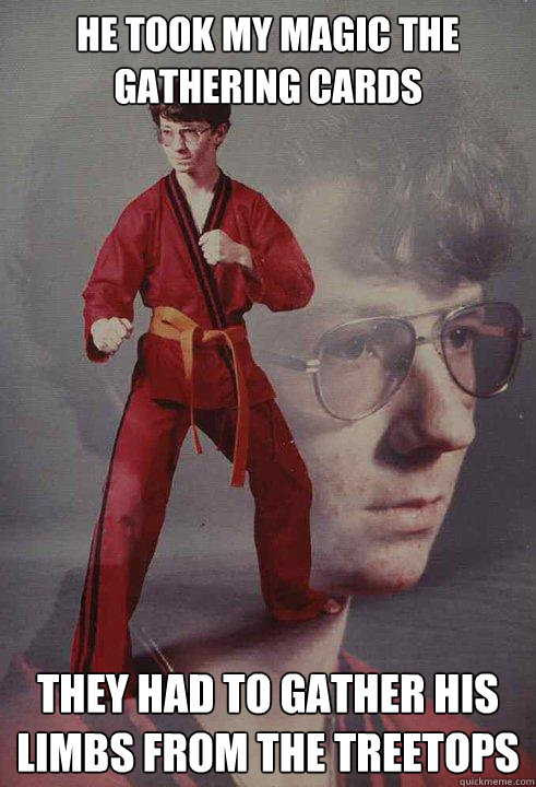 He took my Magic the Gathering cards They had to gather his limbs from the treetops  Karate Kyle
