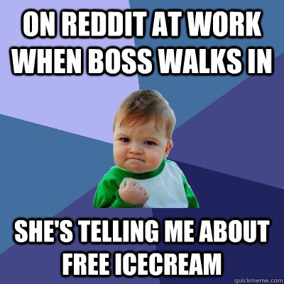 on reddit at work when boss walks in she's telling me about free icecream  Success Kid