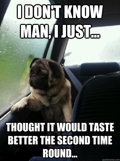 I don't know man, I just... thought it would taste better the second time round...  Introspective Pug