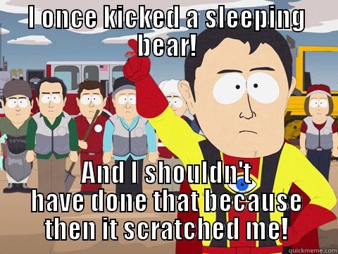 I ONCE KICKED A SLEEPING BEAR! AND I SHOULDN'T HAVE DONE THAT BECAUSE THEN IT SCRATCHED ME! Captain Hindsight