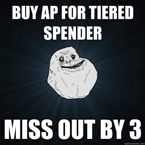 buy ap for tiered spender miss out by 3  Forever Alone