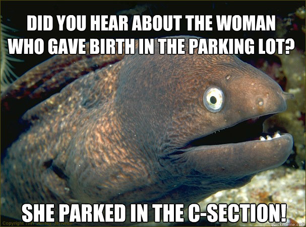 She parked in the C-Section! Did you hear about the woman who gave birth in the parking lot?  Bad Joke Eel