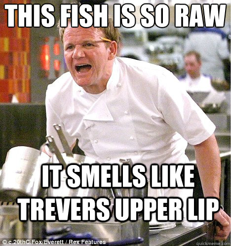 THIS FISH IS SO RAW IT SMELLS LIKE TREVERS UPPER LIP  gordon ramsay