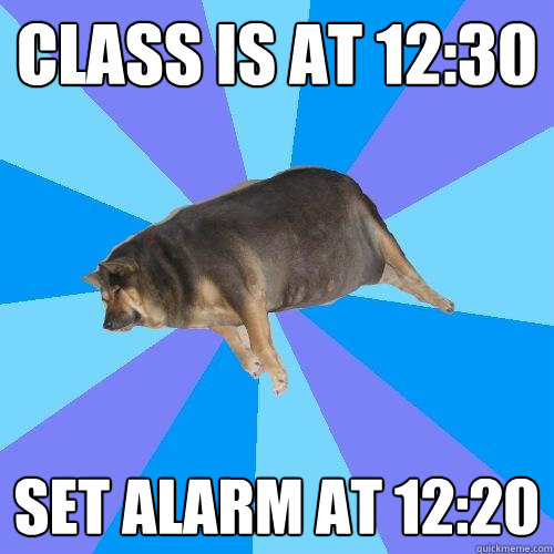 class is at 12:30 set alarm at 12:20  Lazy college student